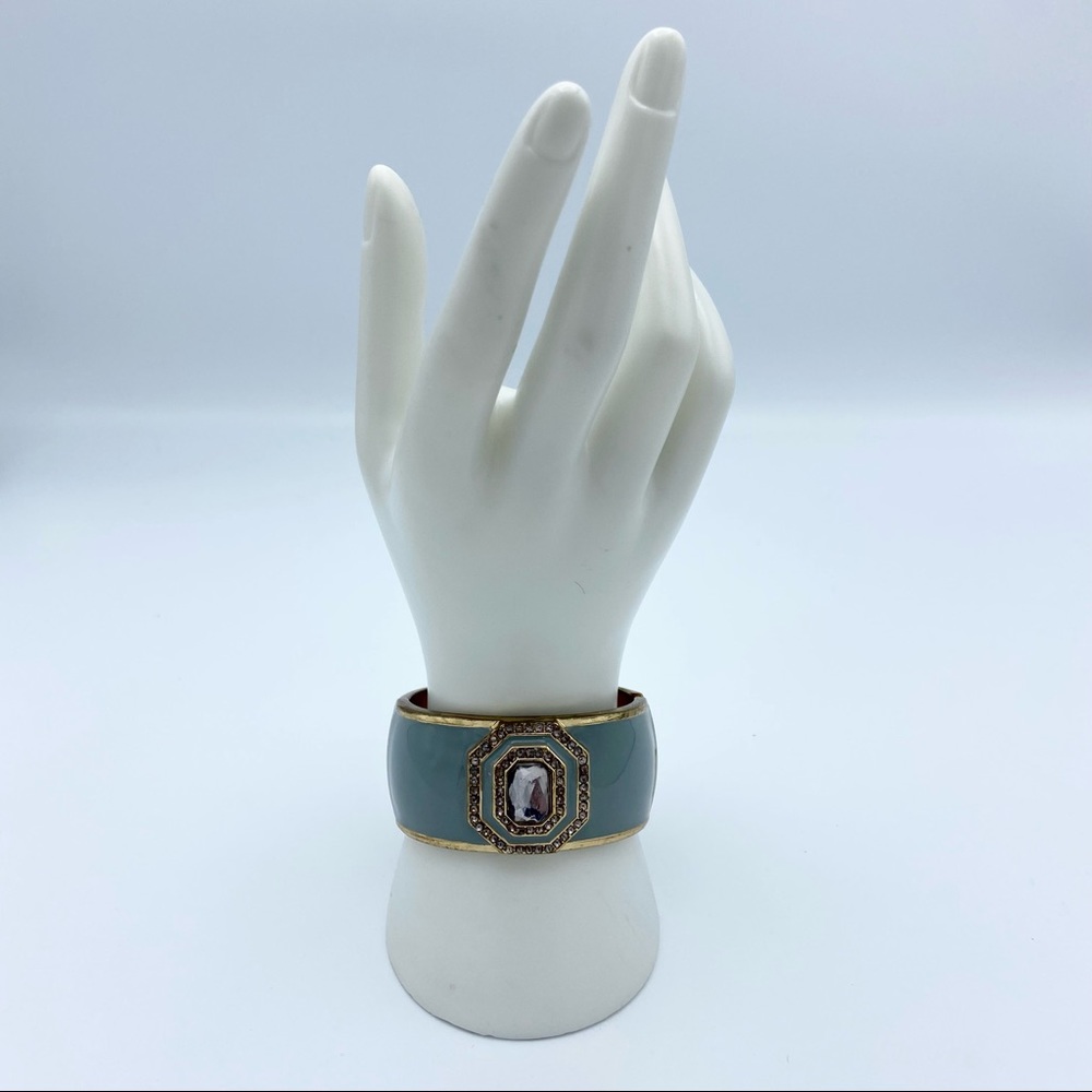 Enamel Light Green Gold Tone Rhinestone Circle Clamper Bracelet